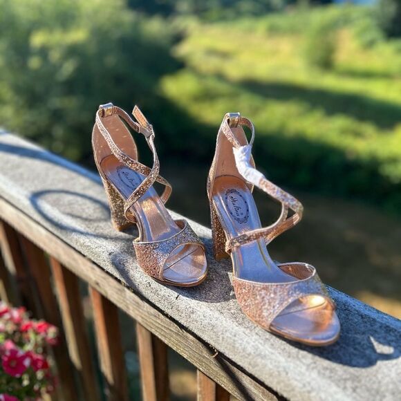 Italina Rose Gold Glitter Strappy Block Sandals - Picture 8 of 9